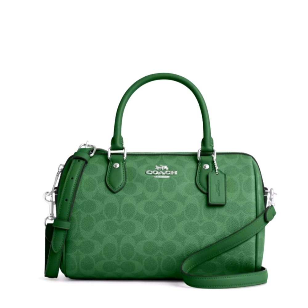 New! Coach Green Rowan Satchel with Signature Monogram In Silver/Bright Jade